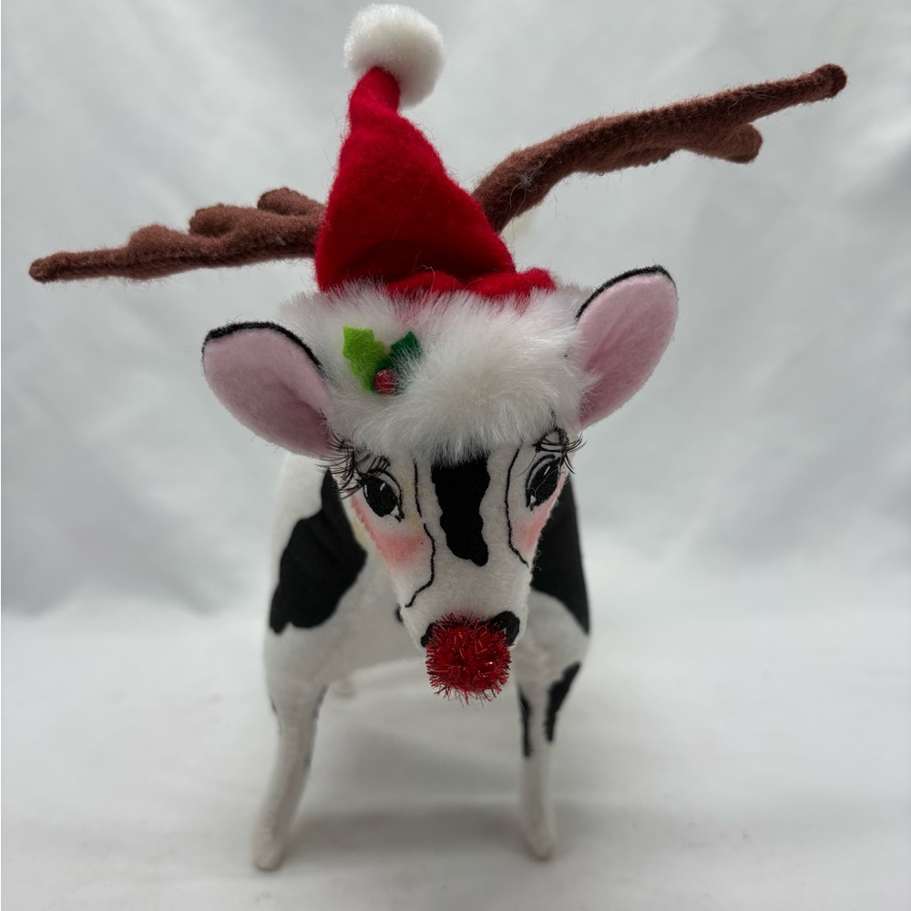 2008 Annalee Got Christmas Cow with Red Nose Antlers & Santa Hat 9" 750308
